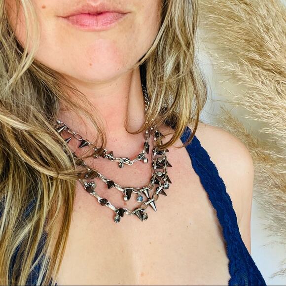 NORDSTROM REVOLVE Silver Gunmetal Stud Charm Layered Multi Statement Necklace - Picture 7 of 8